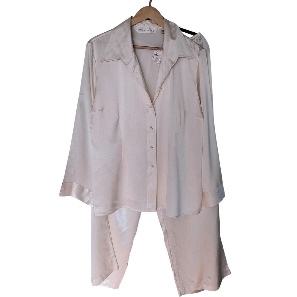 Victoria's Secret Vintage 100% Silk Pajama Set Ivory Cream Button Up Large NWT